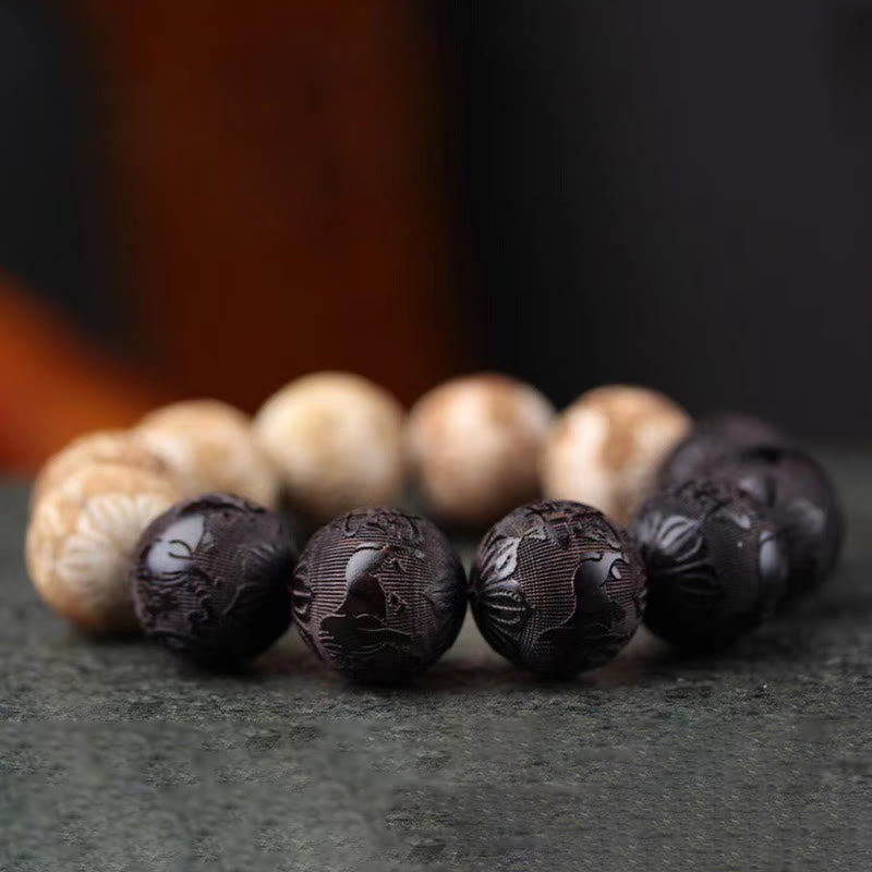 Fortune Jewel Ebony Wood Camphor Wood Yin Yang Ox Engraved Peace Bracelet