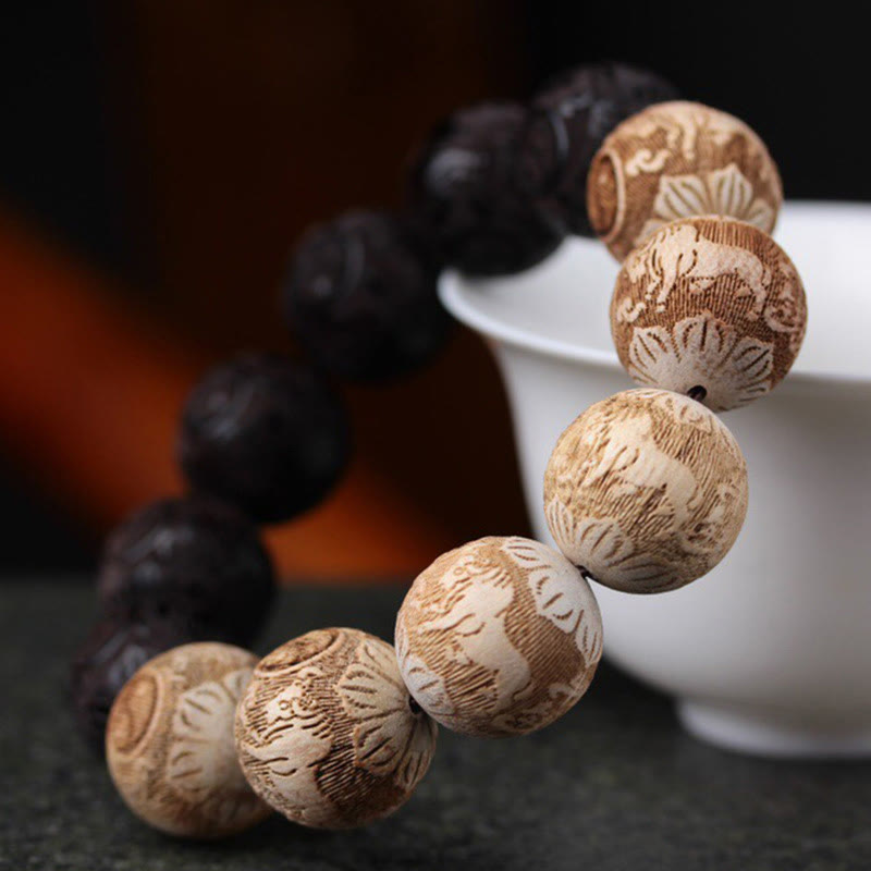 Fortune Jewel Ebony Wood Camphor Wood Yin Yang Ox Engraved Peace Bracelet