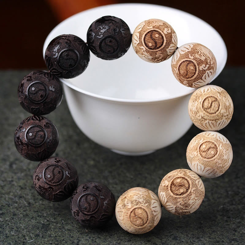 Fortune Jewel Ebony Wood Camphor Wood Yin Yang Ox Engraved Peace Bracelet