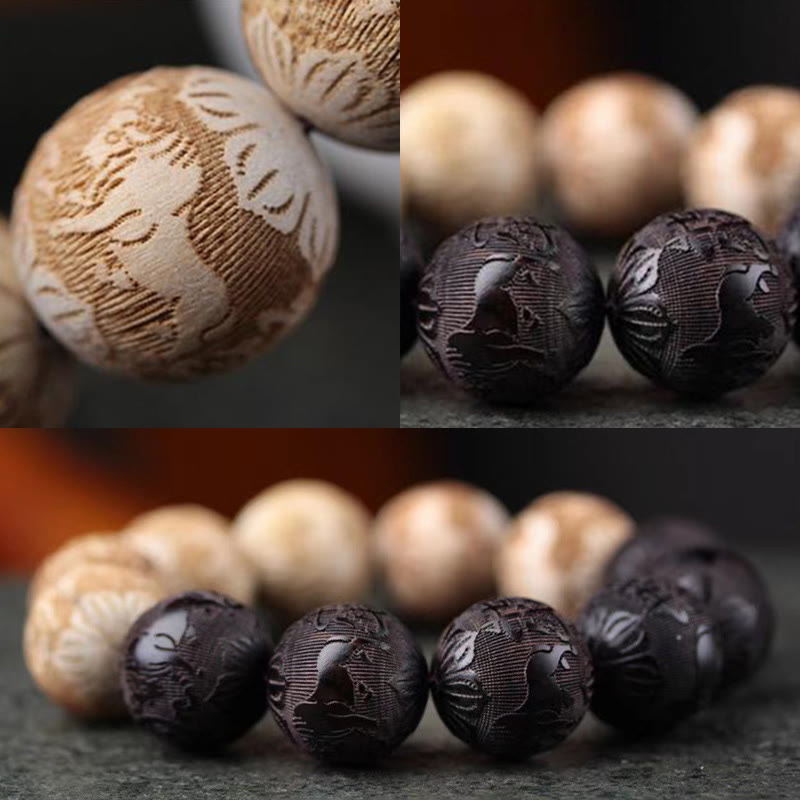 Fortune Jewel Ebony Wood Camphor Wood Yin Yang Ox Engraved Peace Bracelet