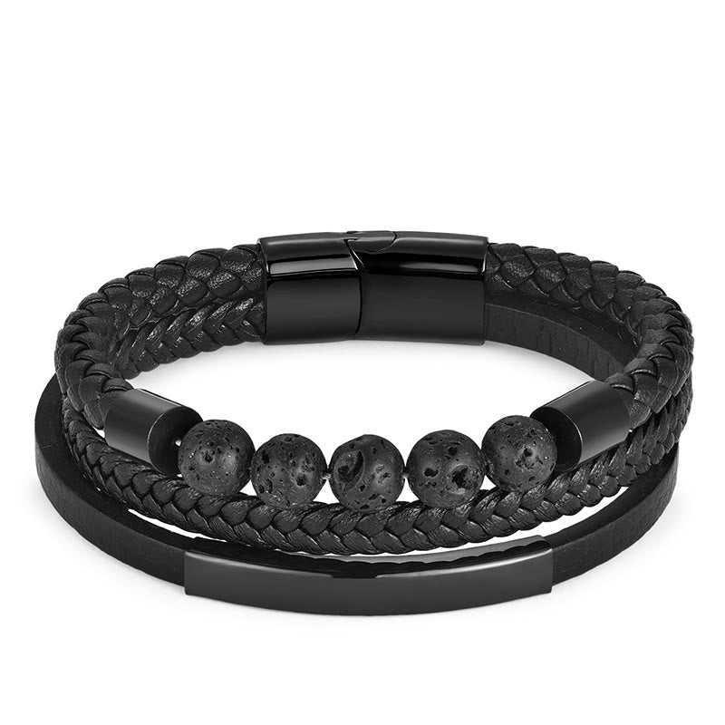 Fortune Jewel Leather Titanium Steel Lava Rock Strengthen Buckle Bracelet