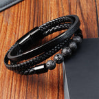 Fortune Jewel Leather Titanium Steel Lava Rock Strengthen Buckle Bracelet
