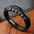 Fortune Jewel Leather Titanium Steel Lava Rock Strengthen Buckle Bracelet