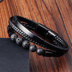 Fortune Jewel Leather Titanium Steel Lava Rock Strengthen Buckle Bracelet