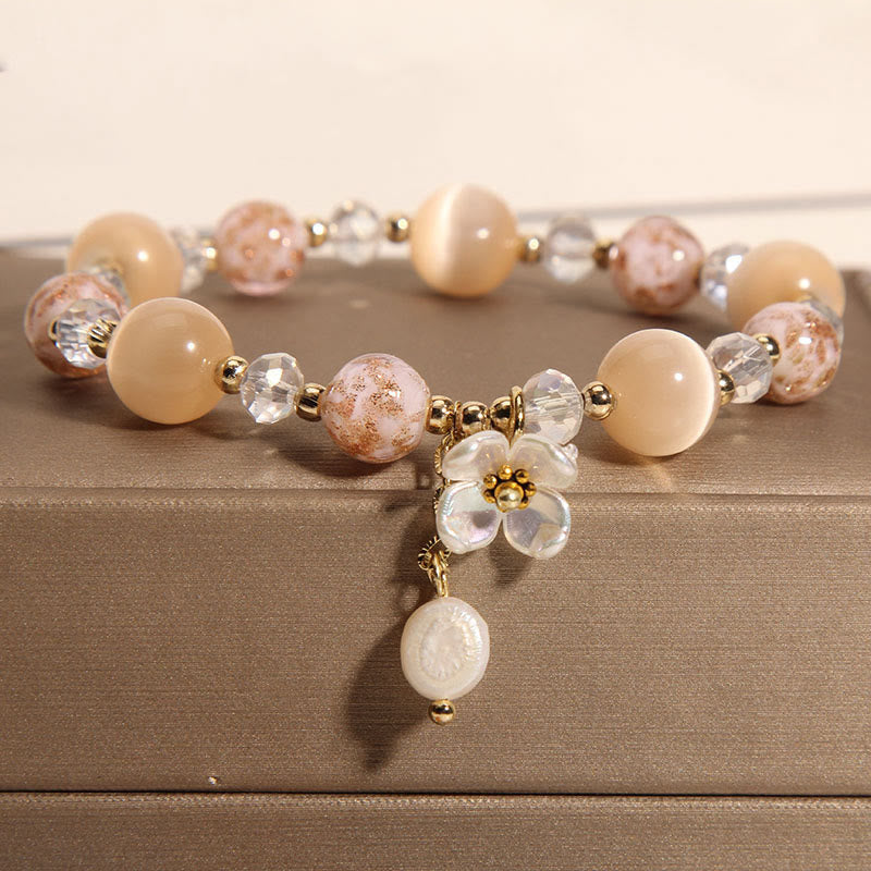 Fortune Jewel Aquamarine Yellow Cat's Eye Stone Flower Peace Bracelet