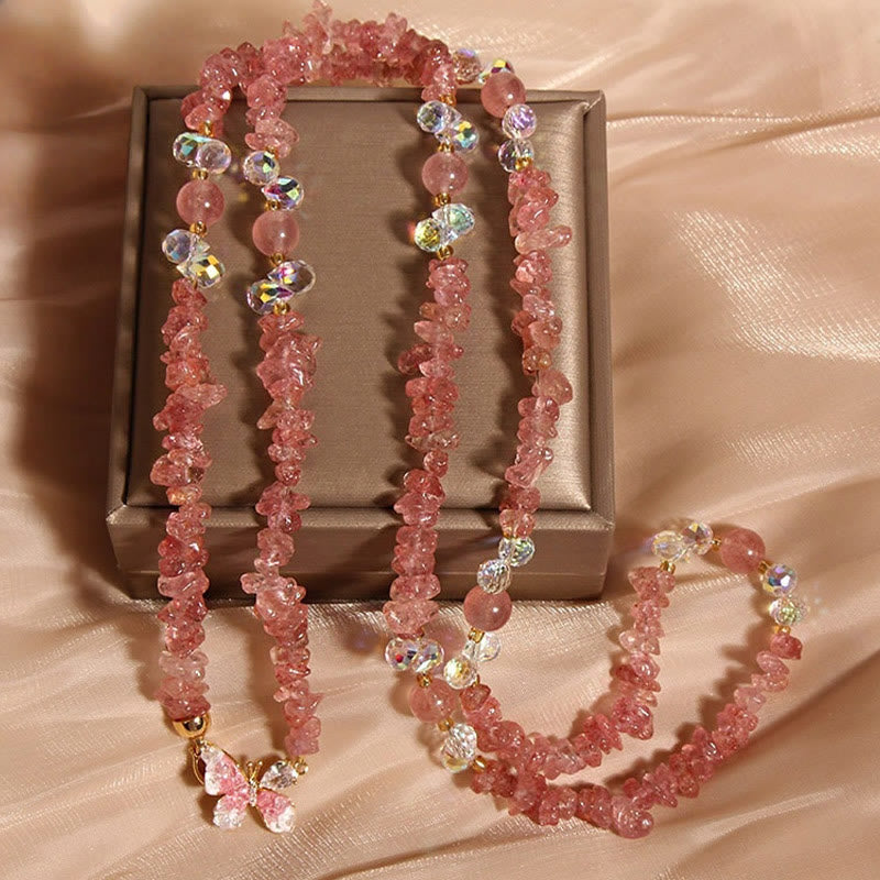 Fortune Jewel Butterfly Flower Amethyst Strawberry Quartz Balance Necklace Pendant