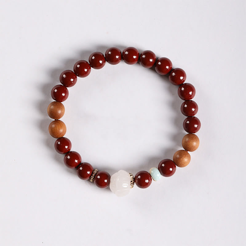 Fortune Jewel Cinnabar Wood Beads Lotus Fu Character Blessing Bracelet