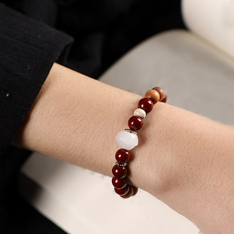 Fortune Jewel Cinnabar Wood Beads Lotus Fu Character Blessing Bracelet