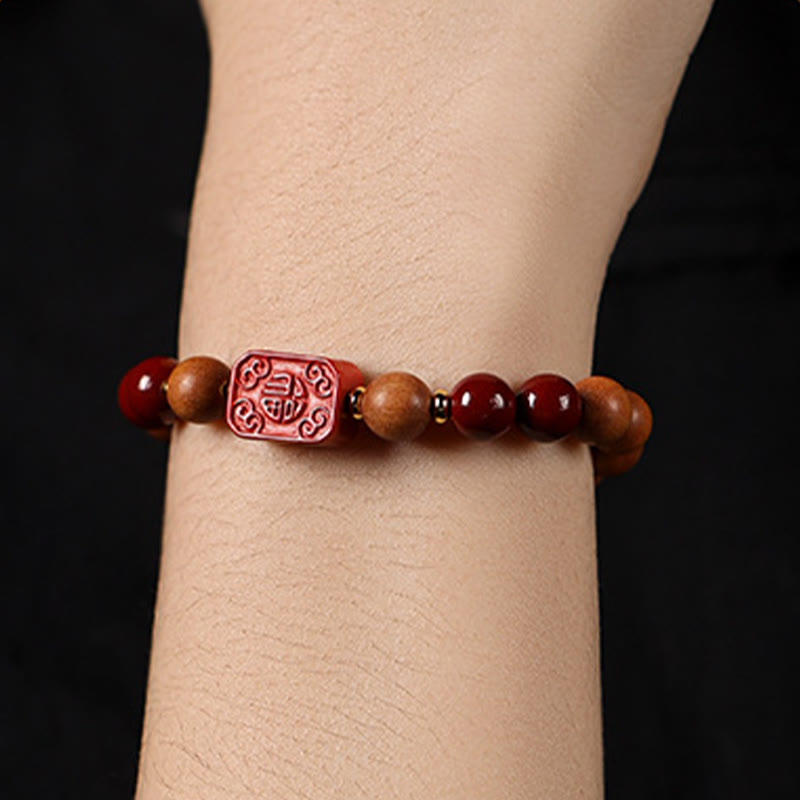 Fortune Jewel Cinnabar Wood Beads Lotus Fu Character Blessing Bracelet