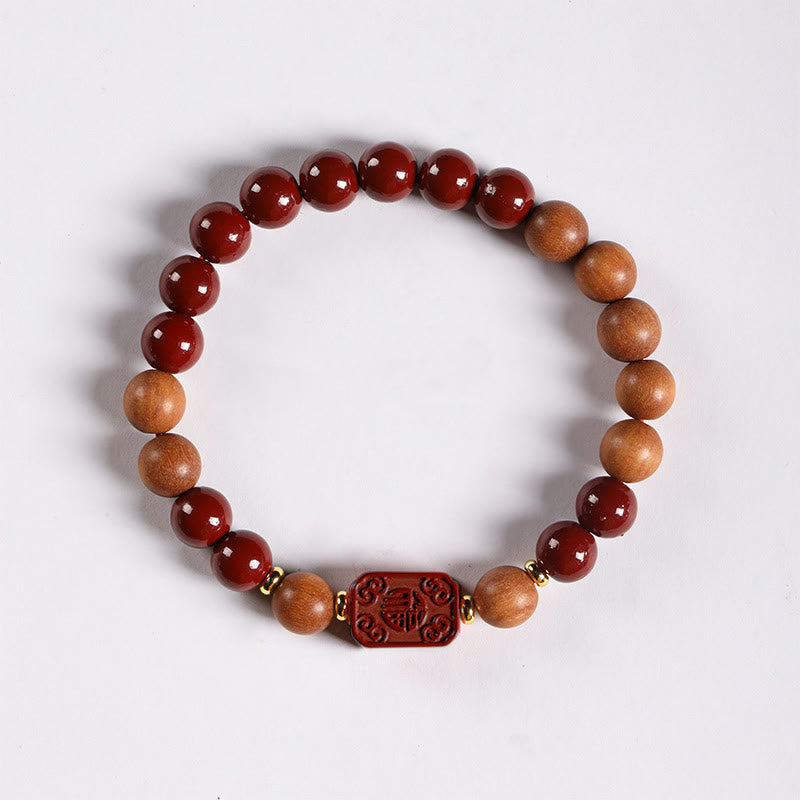 Fortune Jewel Cinnabar Wood Beads Lotus Fu Character Blessing Bracelet