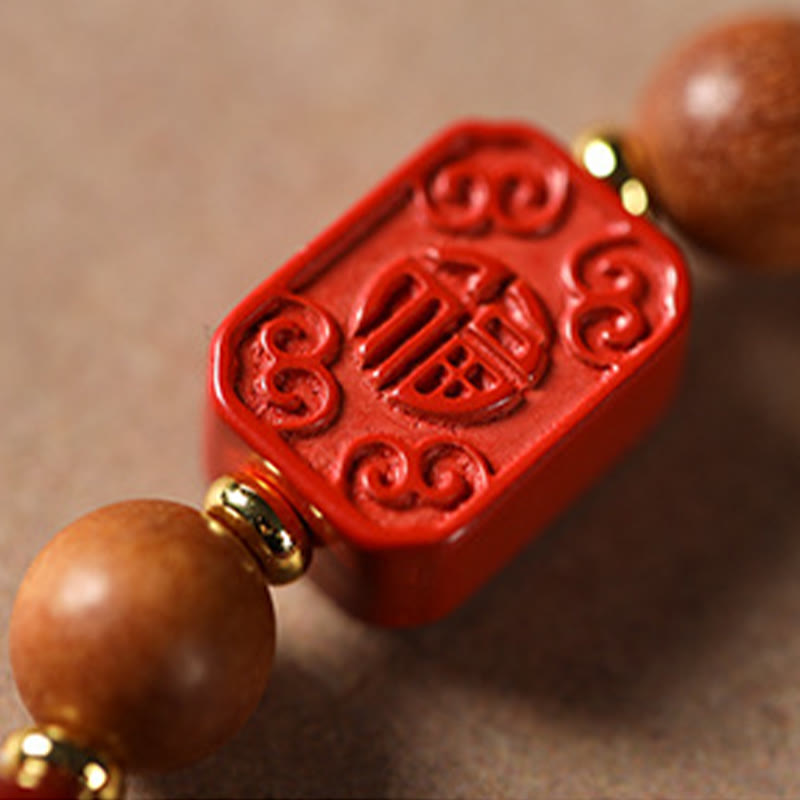 Fortune Jewel Cinnabar Wood Beads Lotus Fu Character Blessing Bracelet