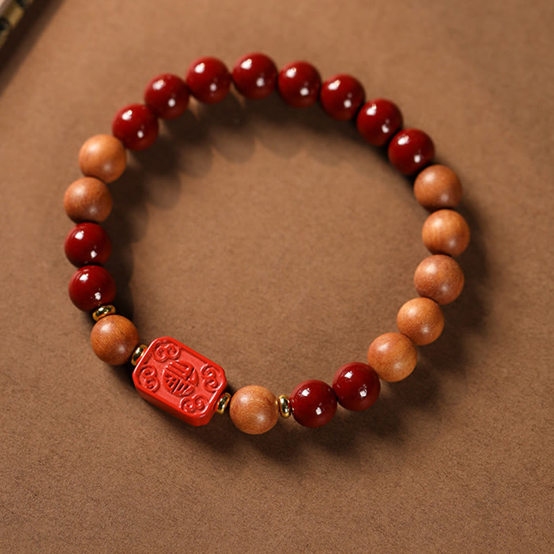 Fortune Jewel Cinnabar Wood Beads Lotus Fu Character Blessing Bracelet