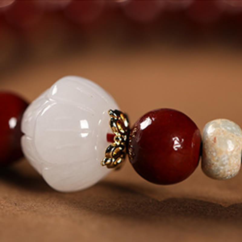 Fortune Jewel Cinnabar Wood Beads Lotus Fu Character Blessing Bracelet