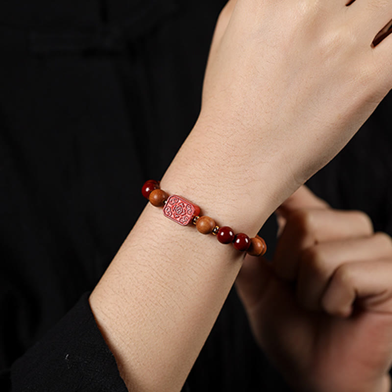 Fortune Jewel Cinnabar Wood Beads Lotus Fu Character Blessing Bracelet