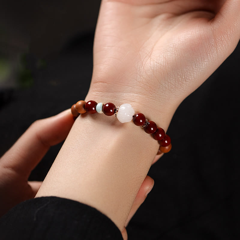 Fortune Jewel Cinnabar Wood Beads Lotus Fu Character Blessing Bracelet