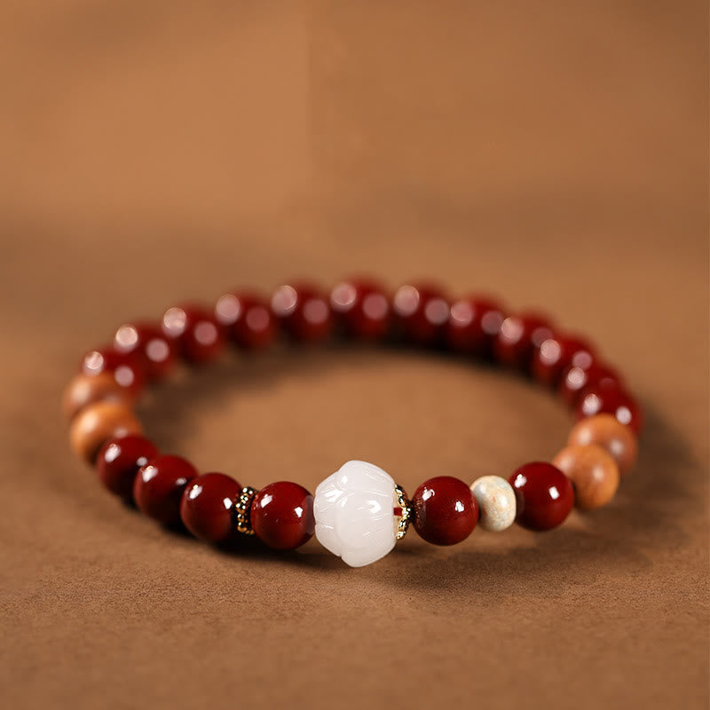 Fortune Jewel Cinnabar Wood Beads Lotus Fu Character Blessing Bracelet