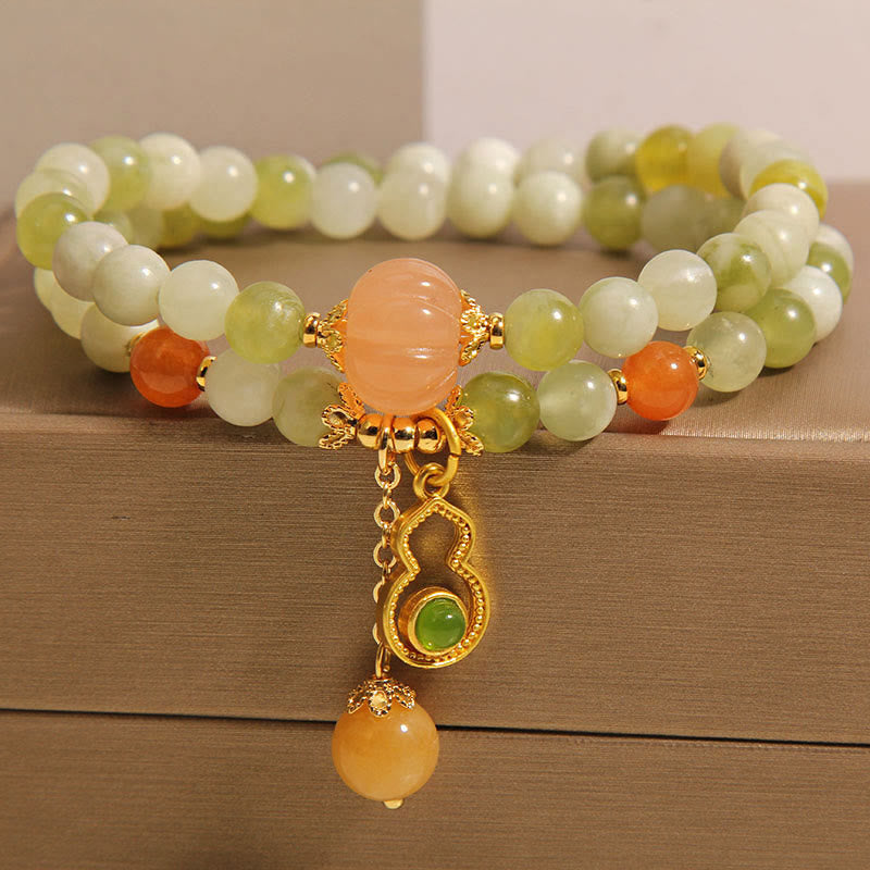 Fortune Jewel Double Wrap Gourd Pumpkin Green Grape Serpentine Jade Luck Bracelet
