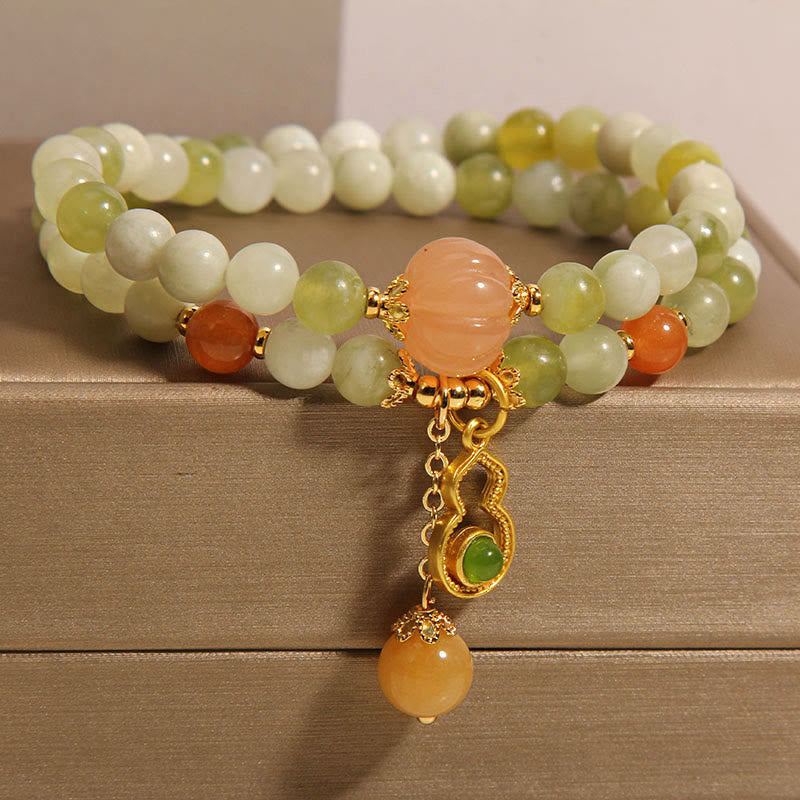 Fortune Jewel Double Wrap Gourd Pumpkin Green Grape Serpentine Jade Luck Bracelet