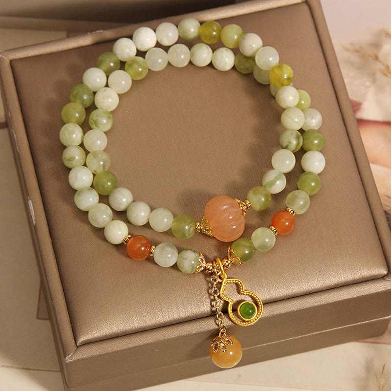 Fortune Jewel Double Wrap Gourd Pumpkin Green Grape Serpentine Jade Luck Bracelet