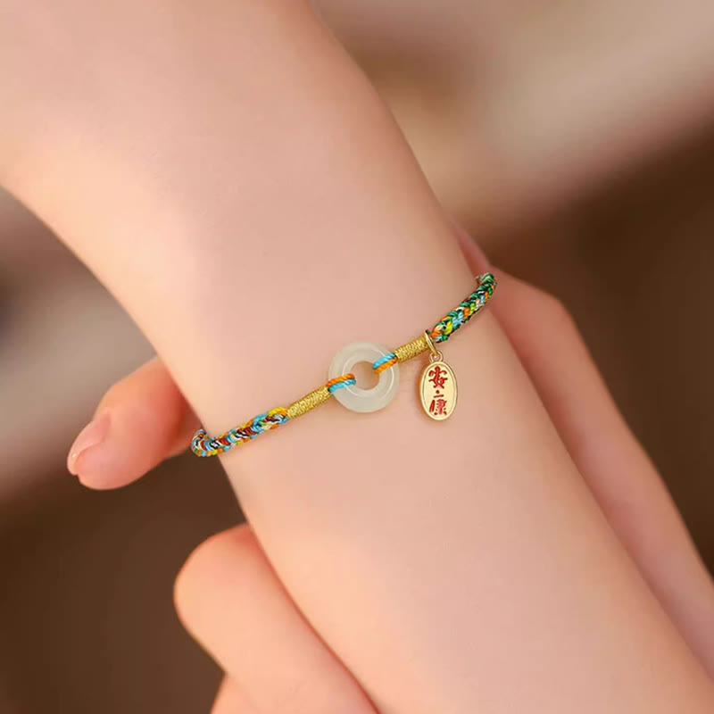 Fortune Jewel Handmade Peace Buckle Jade Prosperity 925 Sterling Silver Colorful Rope Bracelet - Fortune Jewel
