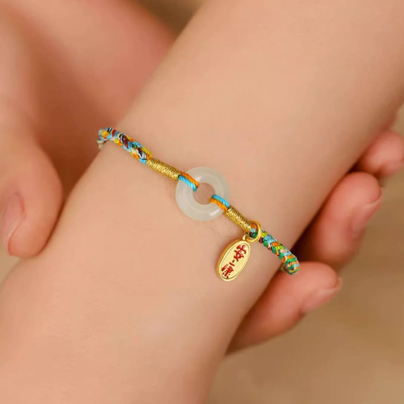 Fortune Jewel Handmade Peace Buckle Jade Prosperity 925 Sterling Silver Colorful Rope Bracelet - Fortune Jewel