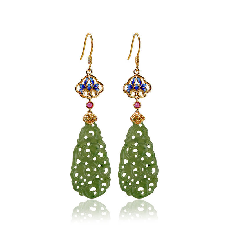 Fortune Jewel Hollow Hetian Jade Enamel 925 Sterling Silver Prosperity Earrings