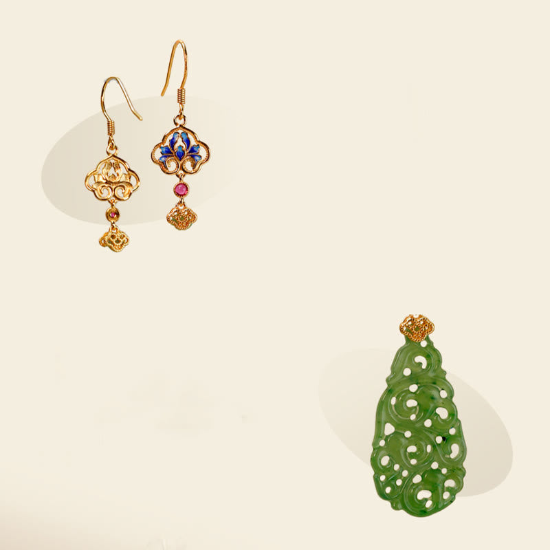 Fortune Jewel Hollow Hetian Jade Enamel 925 Sterling Silver Prosperity Earrings