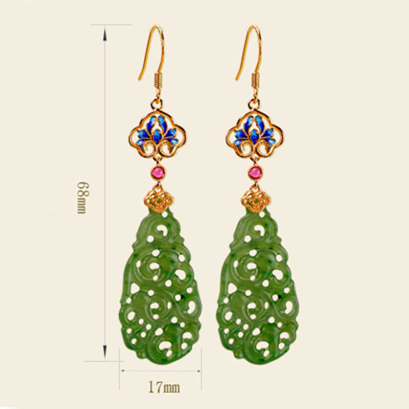 Fortune Jewel Hollow Hetian Jade Enamel 925 Sterling Silver Prosperity Earrings