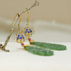 Fortune Jewel Hollow Hetian Jade Enamel 925 Sterling Silver Prosperity Earrings