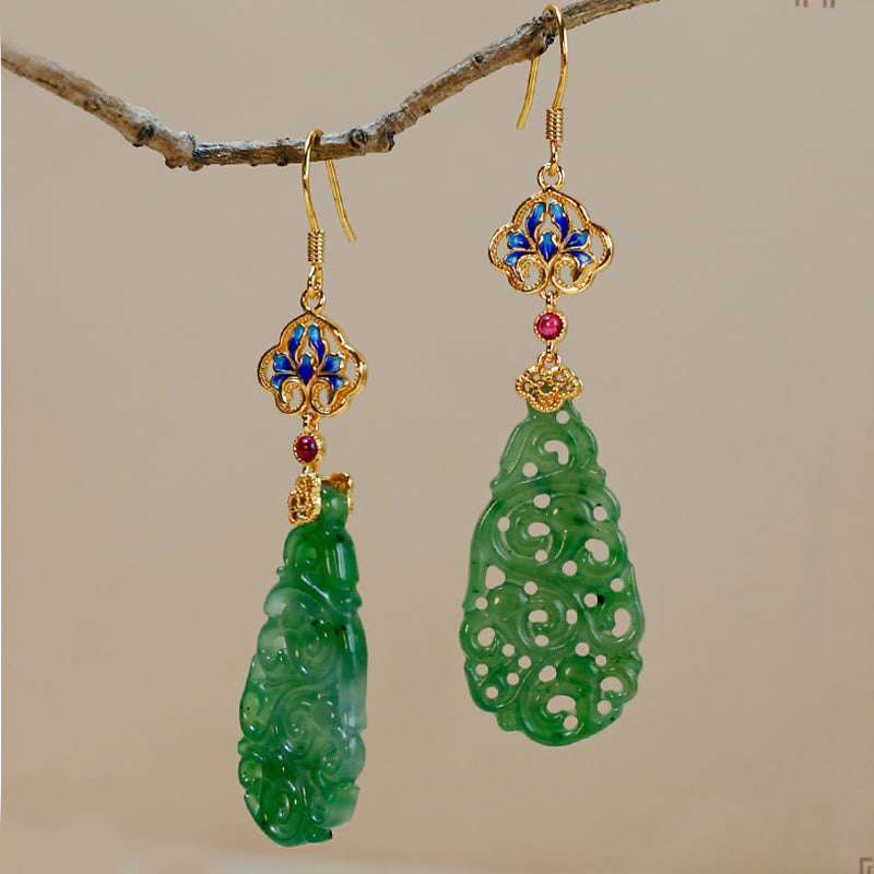 Fortune Jewel Hollow Hetian Jade Enamel 925 Sterling Silver Prosperity Earrings