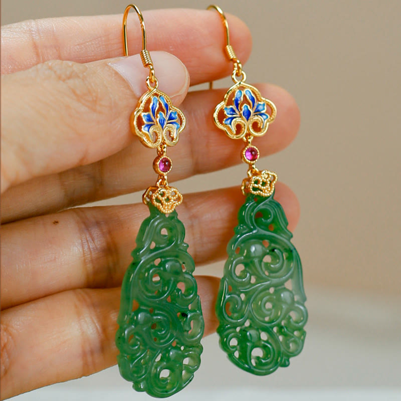 Fortune Jewel Hollow Hetian Jade Enamel 925 Sterling Silver Prosperity Earrings