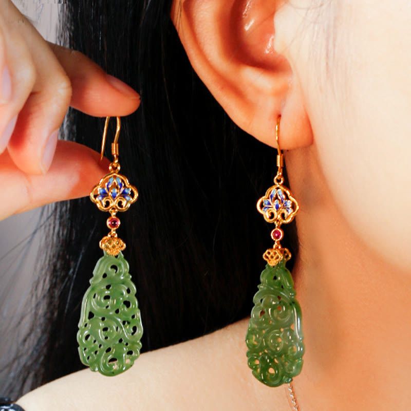 Fortune Jewel Hollow Hetian Jade Enamel 925 Sterling Silver Prosperity Earrings