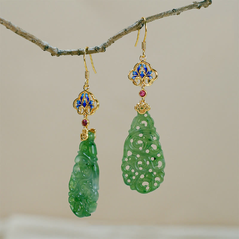 Fortune Jewel Hollow Hetian Jade Enamel 925 Sterling Silver Prosperity Earrings