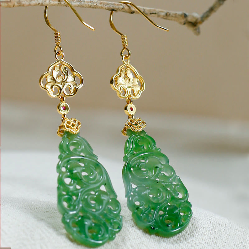 Fortune Jewel Hollow Hetian Jade Enamel 925 Sterling Silver Prosperity Earrings