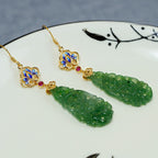 Fortune Jewel Hollow Hetian Jade Enamel 925 Sterling Silver Prosperity Earrings
