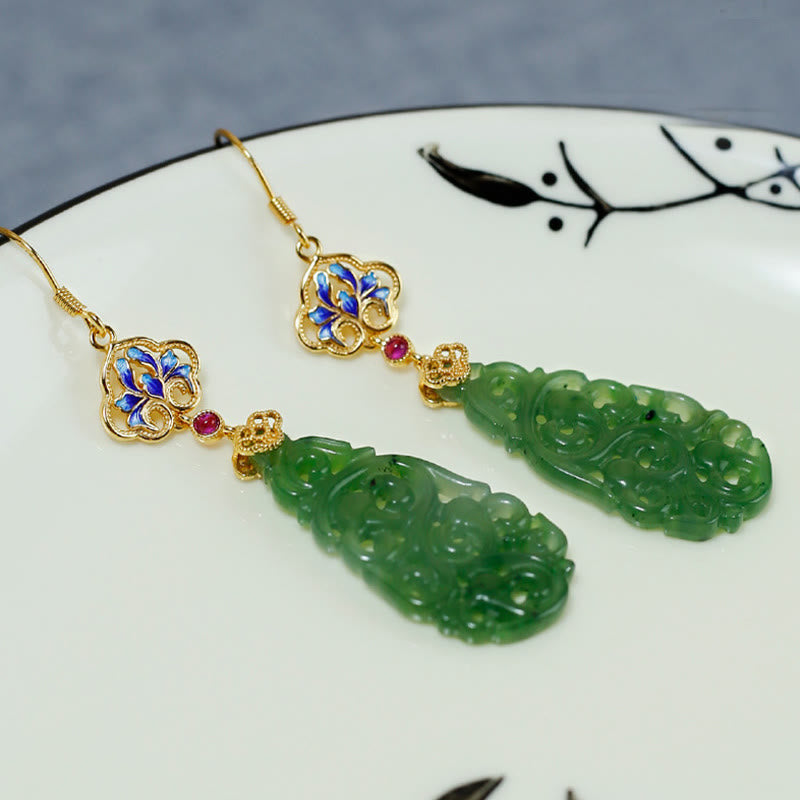 Fortune Jewel Hollow Hetian Jade Enamel 925 Sterling Silver Prosperity Earrings
