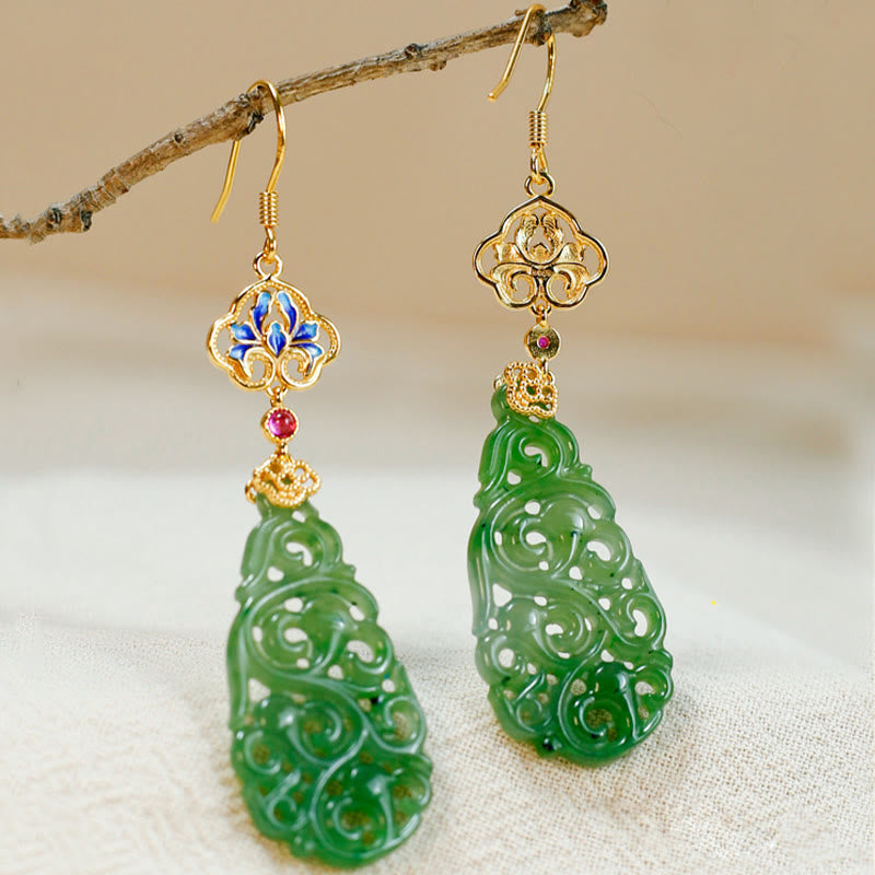 Fortune Jewel Hollow Hetian Jade Enamel 925 Sterling Silver Prosperity Earrings