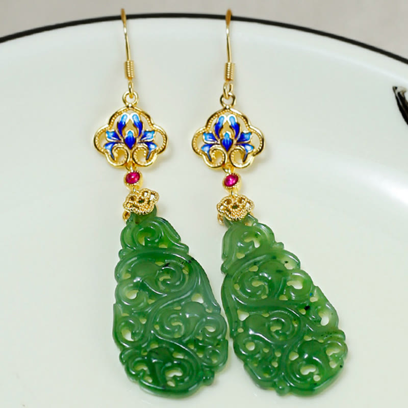 Fortune Jewel Hollow Hetian Jade Enamel 925 Sterling Silver Prosperity Earrings