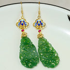 Fortune Jewel Hollow Hetian Jade Enamel 925 Sterling Silver Prosperity Earrings