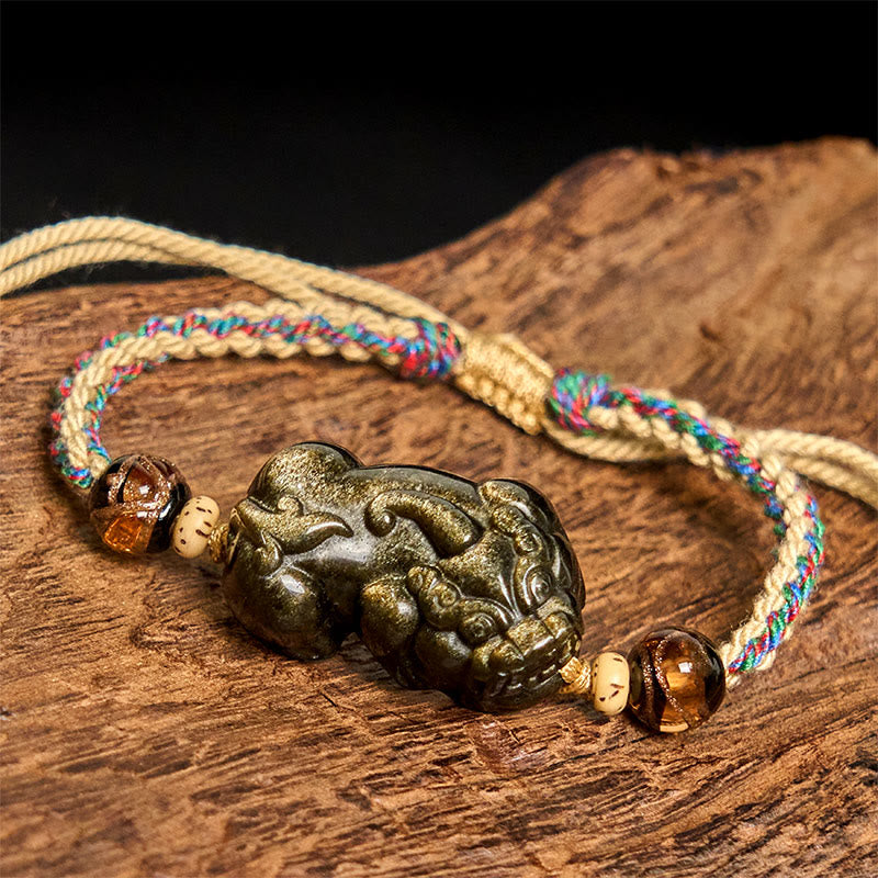 Fortune Jewel Gold Sheen Obsidian PiXiu Wealth Rope Bracelet