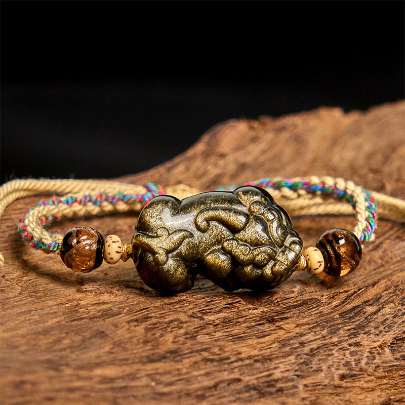 Fortune Jewel Gold Sheen Obsidian PiXiu Wealth Rope Bracelet