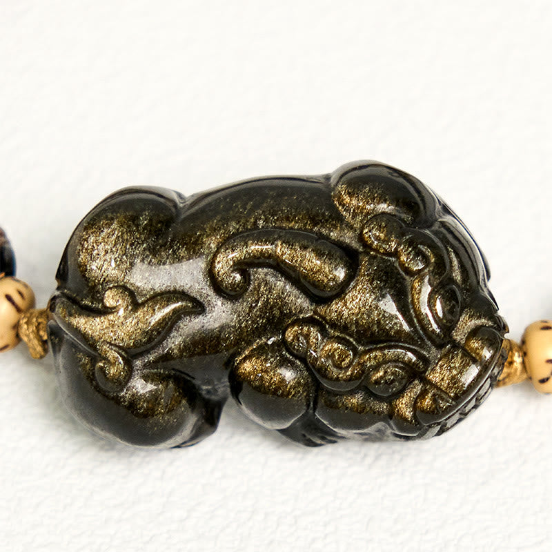 Fortune Jewel Gold Sheen Obsidian PiXiu Wealth Rope Bracelet