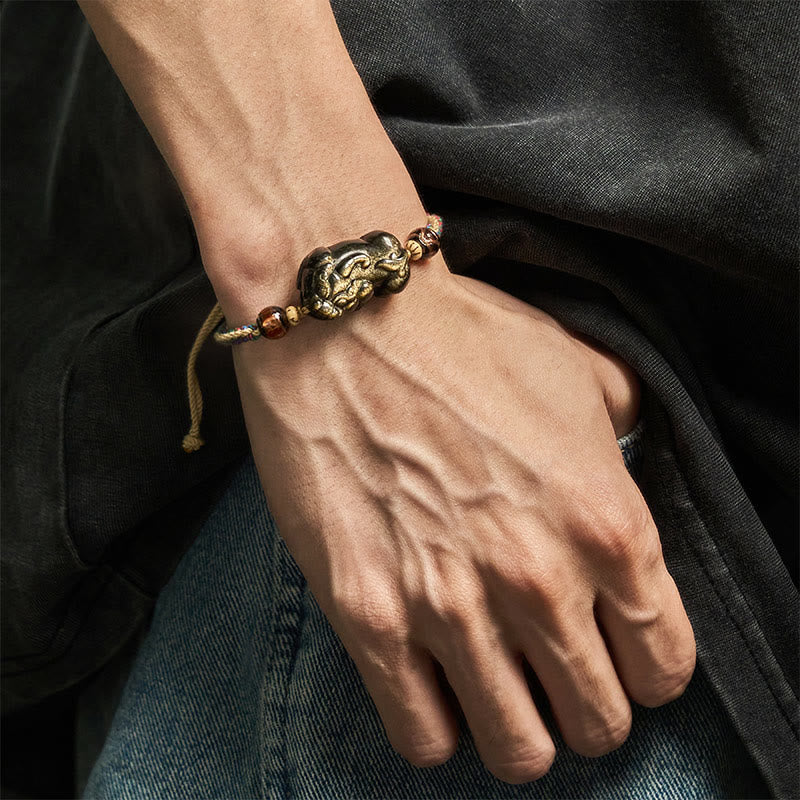 Fortune Jewel Gold Sheen Obsidian PiXiu Wealth Rope Bracelet