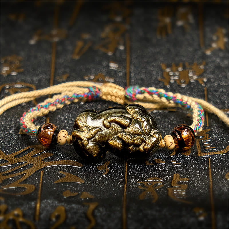 Fortune Jewel Gold Sheen Obsidian PiXiu Wealth Rope Bracelet