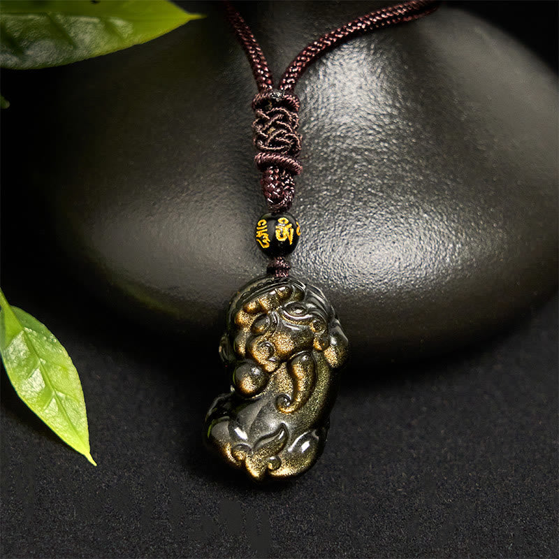 Fortune Jewel Gold Sheen Obsidian PiXiu Wealth Rope Necklace Pendant
