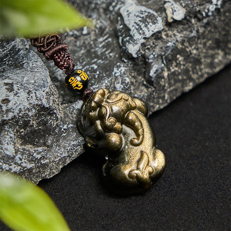 Fortune Jewel Gold Sheen Obsidian PiXiu Wealth Rope Necklace Pendant