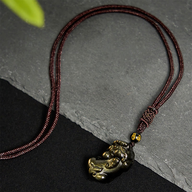 Fortune Jewel Gold Sheen Obsidian PiXiu Wealth Rope Necklace Pendant