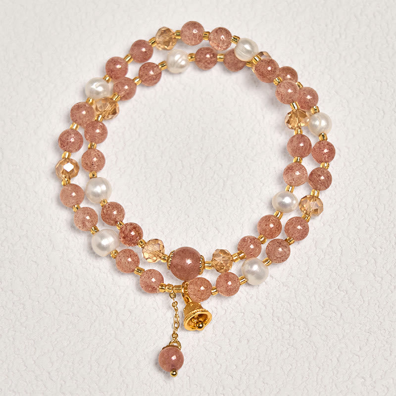 Fortune Jewel Natural Strawberry Quartz Pearl Bell Healing Double Wrap Bracelet
