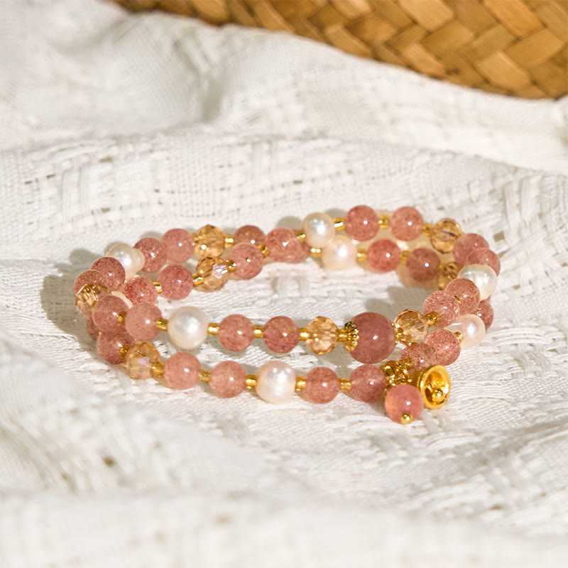 Fortune Jewel Natural Strawberry Quartz Pearl Bell Healing Double Wrap Bracelet