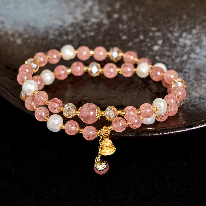 Fortune Jewel Natural Strawberry Quartz Pearl Bell Healing Double Wrap Bracelet